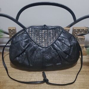 Vintage Women's Art Deco Black Gold Leather Crossbody / Clutch Bag Boho 80's